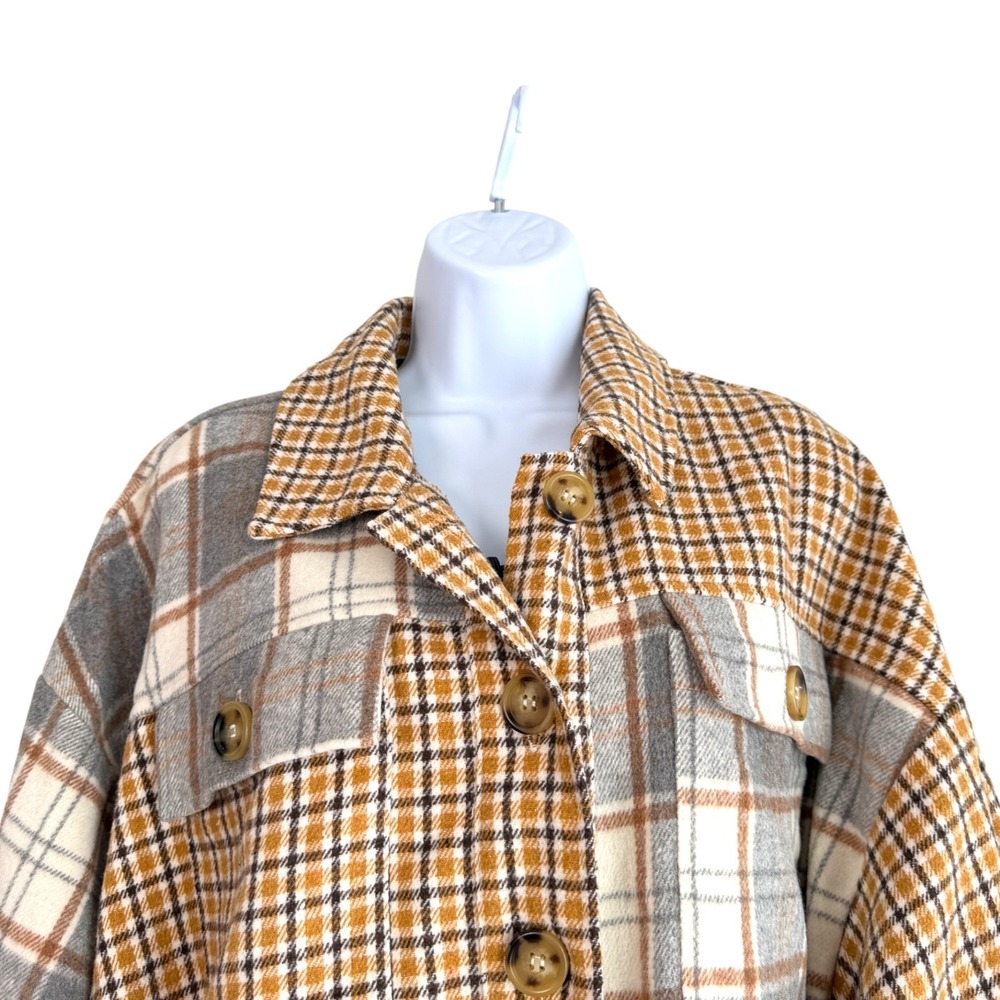 GiGiO Womens Patchwork Plaid Shacket Sz S Oversized Layering Cozy Outdoors - Picture 3 of 9